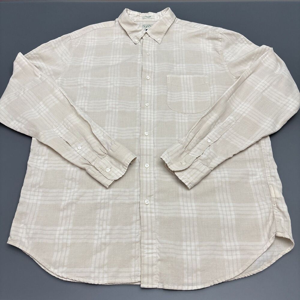J. Crew Shirt Mens Large Beige Plaid Button Up Lightweight Classic Fit - FLAW!